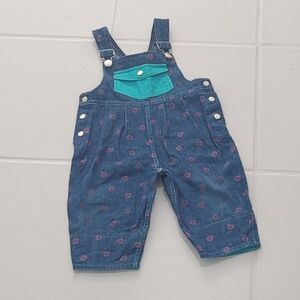 Vintage Handmade Baby Girl Floral Jean Overalls Adjustable Straps Teal Pockets